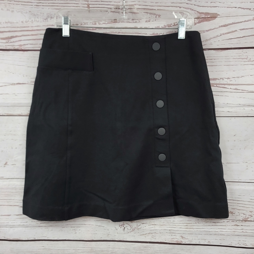 CAbi solid black faux front button a-line skirt